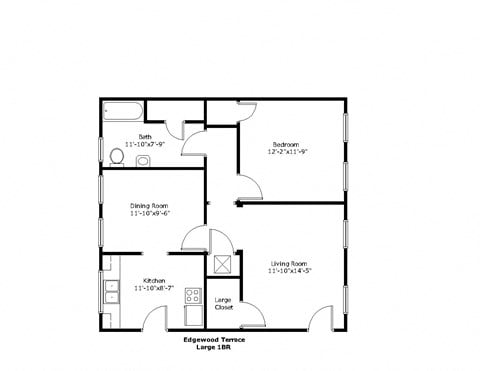 Floor plan for 1 bed, 1 bath, 840 sqft